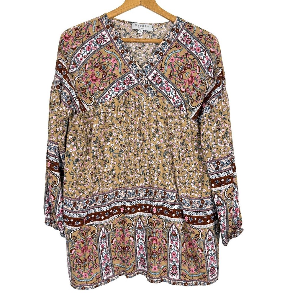 Hayden LA Tan Floral Boho Peasant Blouse Top Sz Small Surplice Flowy Lightweight